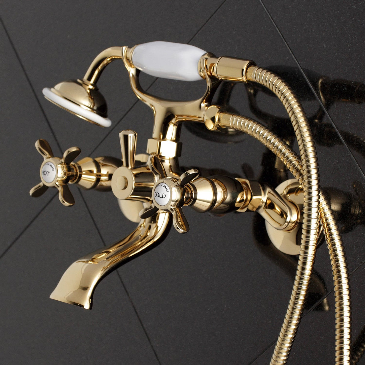Essex KS285PB Three-Handle 2-Hole Tub Wall Mount Clawfoot Tub Faucet with Hand Shower, Polished Brass