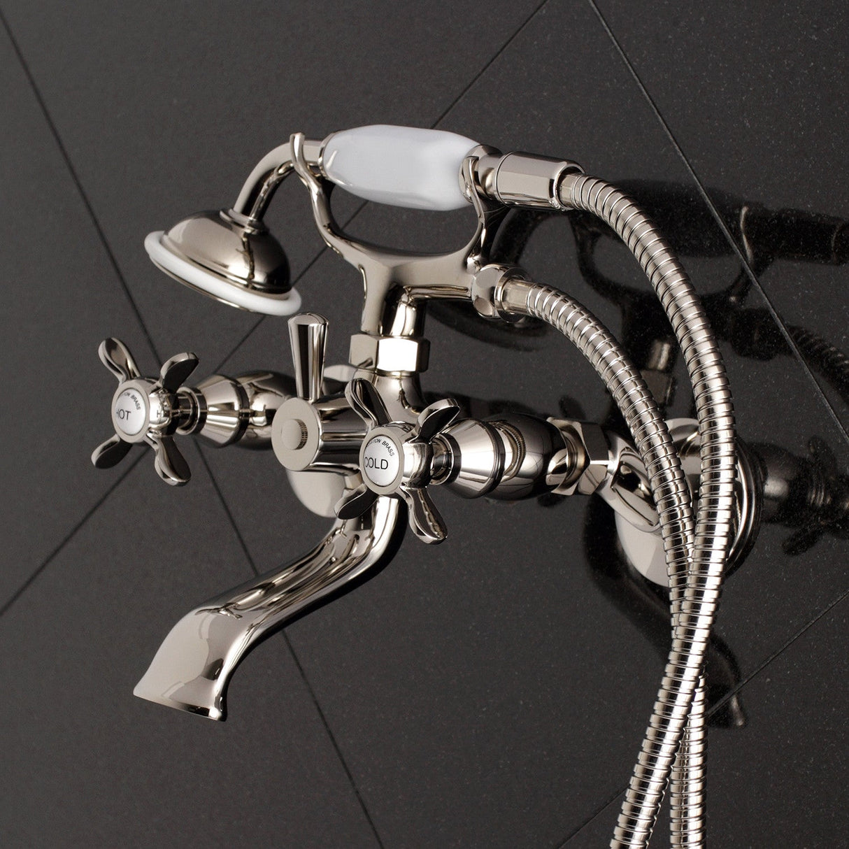 Essex KS285PN Three-Handle 2-Hole Tub Wall Mount Clawfoot Tub Faucet with Hand Shower, Polished Nickel