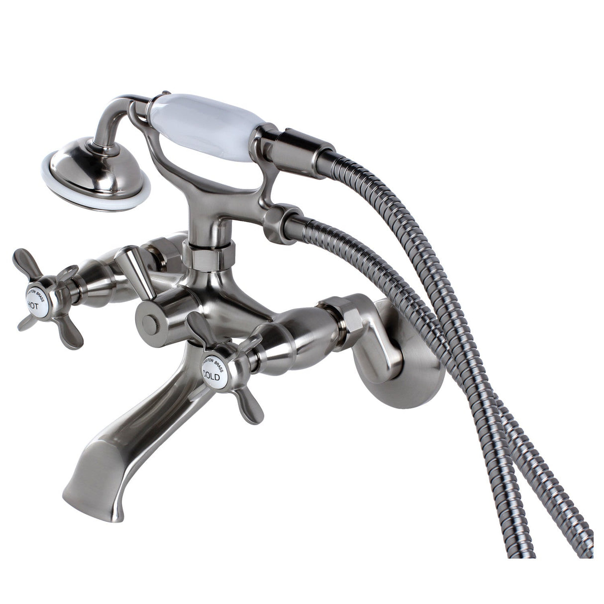 Essex KS285SN Three-Handle 2-Hole Tub Wall Mount Clawfoot Tub Faucet with Hand Shower, Brushed Nickel