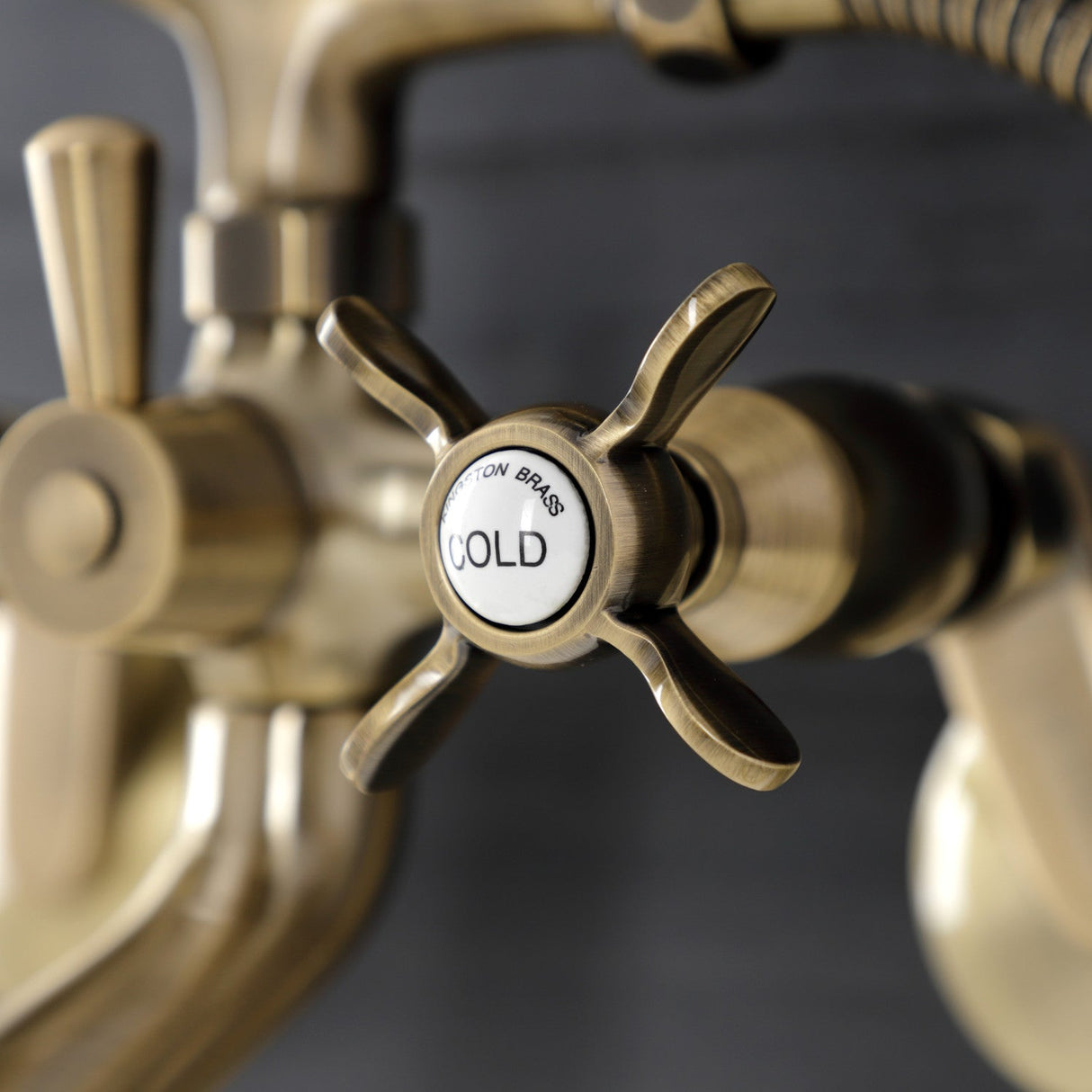 Essex KS286AB Three-Handle 2-Hole Wall Mount Clawfoot Tub Faucet with Hand Shower, Antique Brass
