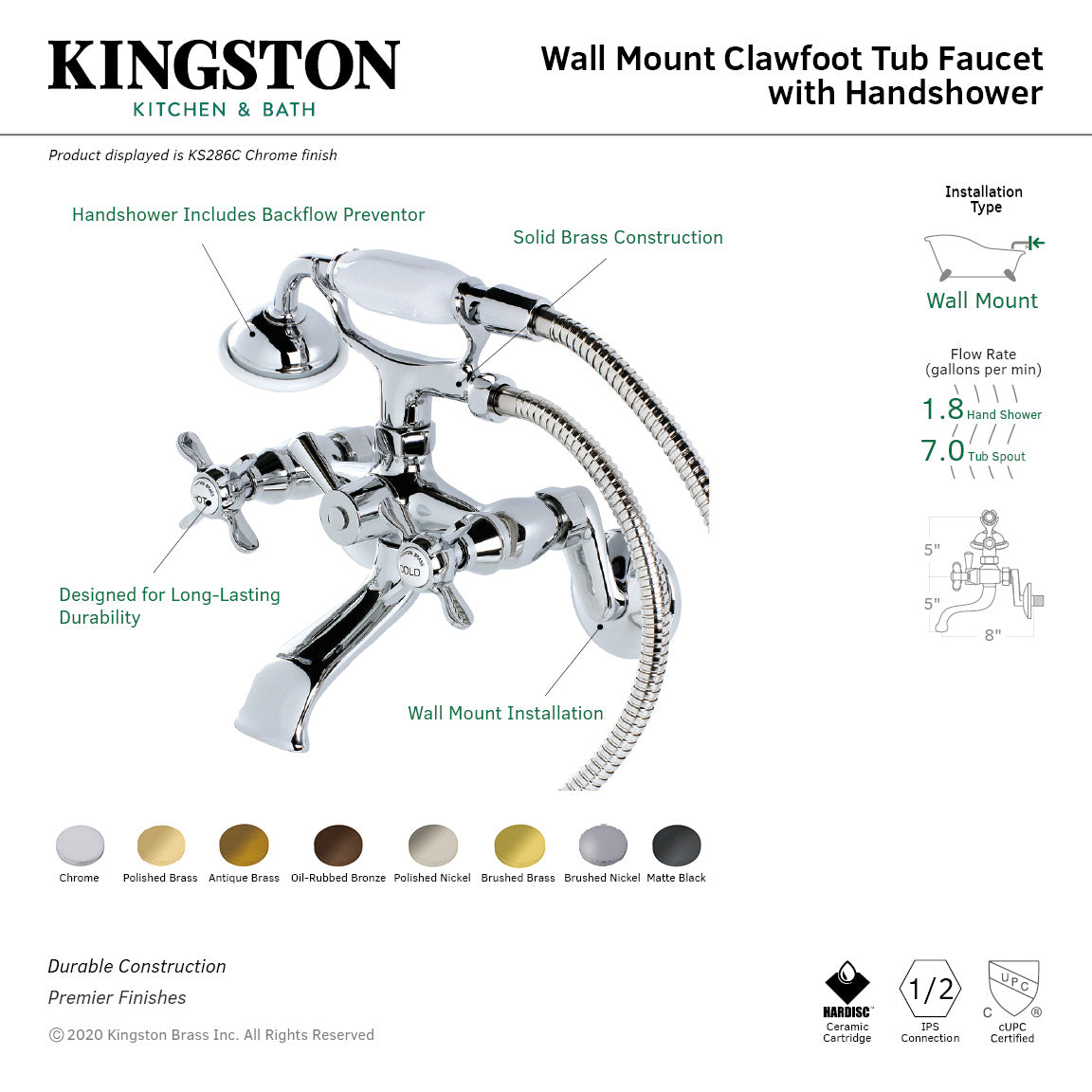 Essex KS286C Three-Handle 2-Hole Wall Mount Clawfoot Tub Faucet with Hand Shower, Polished Chrome