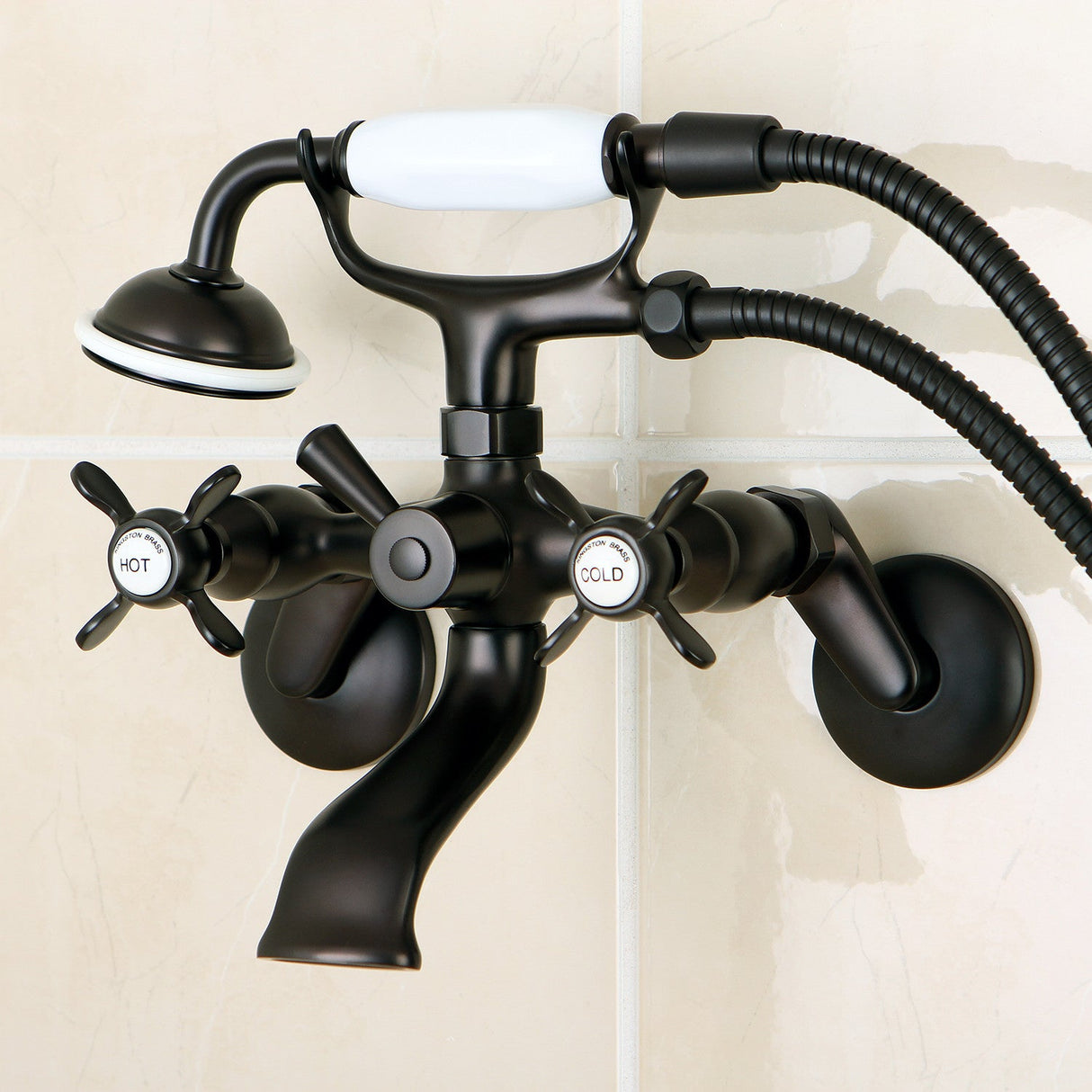 Essex KS286ORB Three-Handle 2-Hole Wall Mount Clawfoot Tub Faucet with Hand Shower, Oil Rubbed Bronze