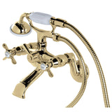 Essex KS286PB Three-Handle 2-Hole Wall Mount Clawfoot Tub Faucet with Hand Shower, Polished Brass