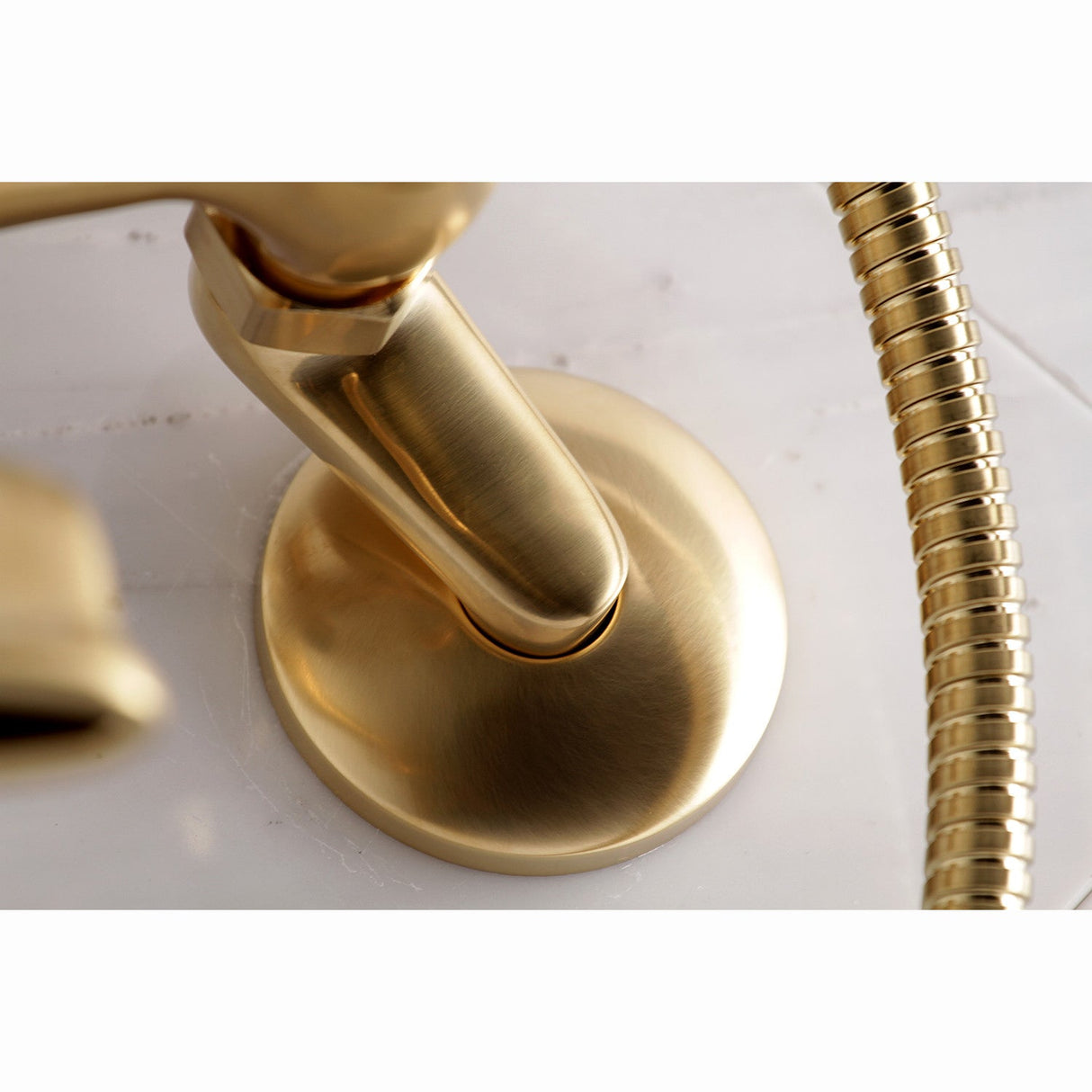 Essex KS286SB Three-Handle 2-Hole Wall Mount Clawfoot Tub Faucet with Hand Shower, Brushed Brass