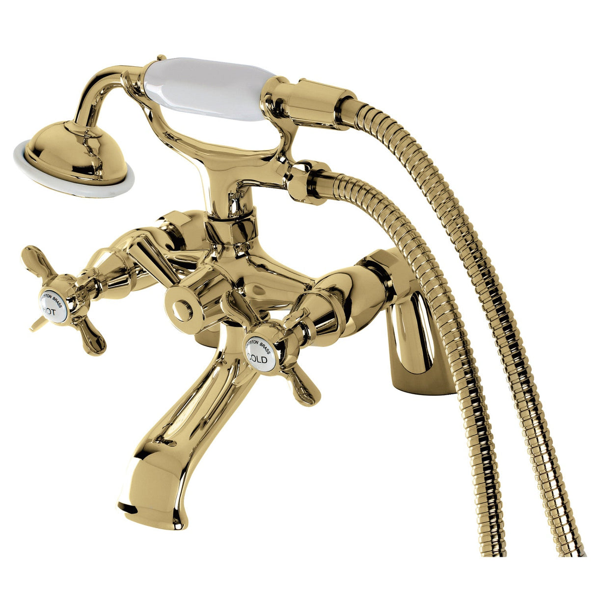 Essex KS287PB Three-Handle 2-Hole Deck Mount Clawfoot Tub Faucet with Hand Shower, Polished Brass