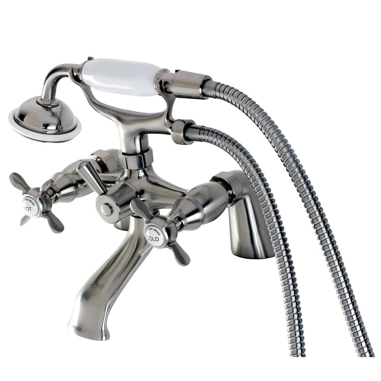 Essex KS287SN Three-Handle 2-Hole Deck Mount Clawfoot Tub Faucet with Hand Shower, Brushed Nickel