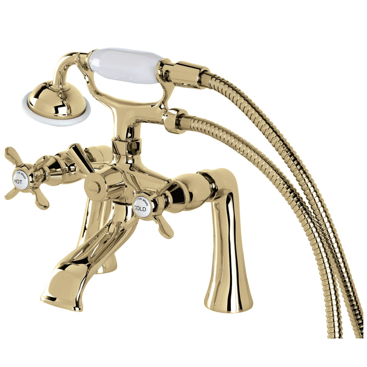 Essex KS288PB Three-Handle 2-Hole Deck Mount Clawfoot Tub Faucet with Hand Shower, Polished Brass