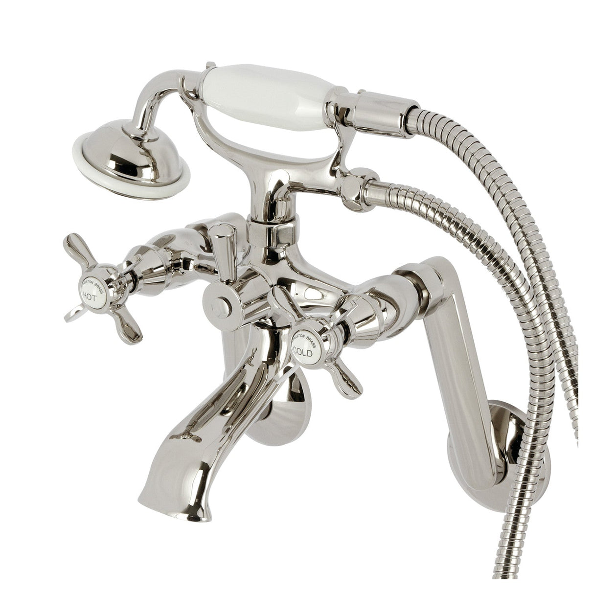 Kingston KS289PN Three-Handle 2-Hole Tub Wall Mount Clawfoot Tub Faucet with Hand Shower, Polished Nickel