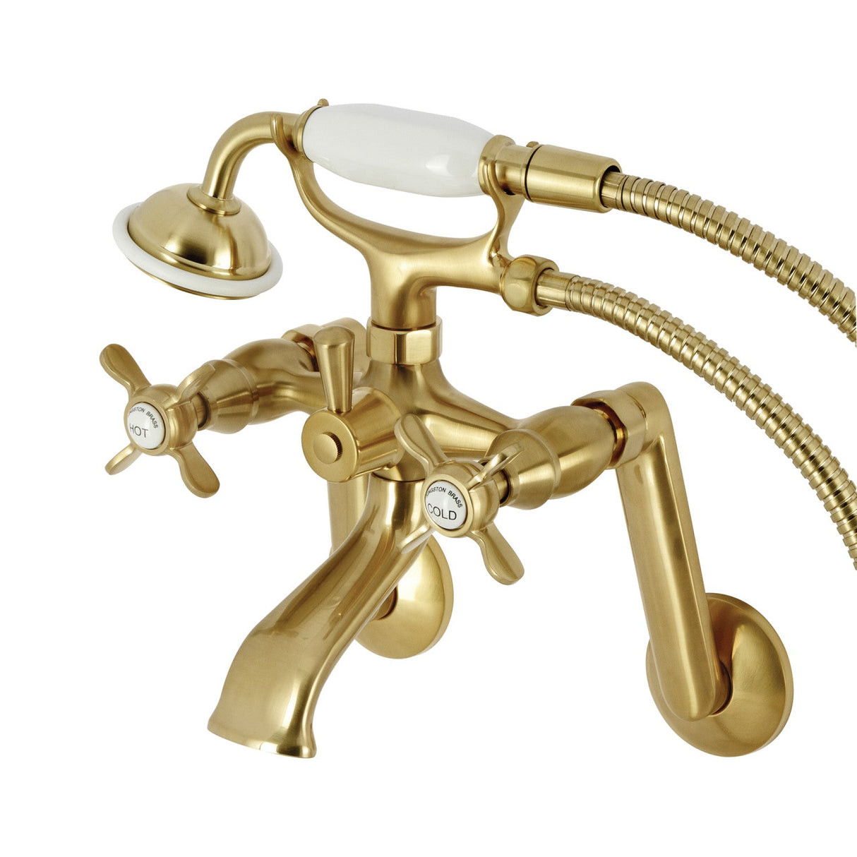 Kingston KS289SB Three-Handle 2-Hole Tub Wall Mount Clawfoot Tub Faucet with Hand Shower, Brushed Brass
