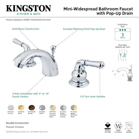 KS2951 Two-Handle 3-Hole Deck Mount Mini-Widespread Bathroom Faucet with Brass Pop-Up, Polished Chrome