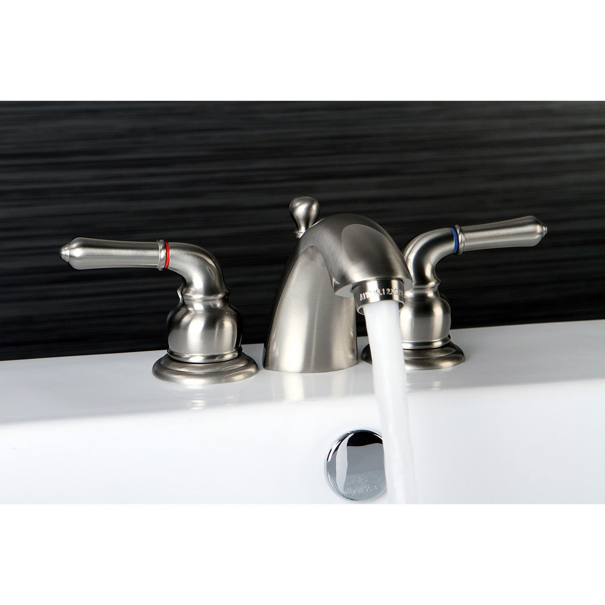 KS2958 Two-Handle 3-Hole Deck Mount Mini-Widespread Bathroom Faucet with Brass Pop-Up, Brushed Nickel