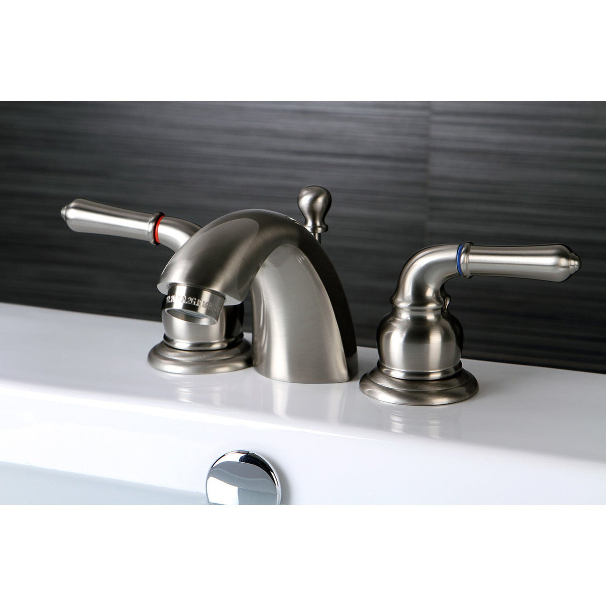 KS2958 Two-Handle 3-Hole Deck Mount Mini-Widespread Bathroom Faucet with Brass Pop-Up, Brushed Nickel