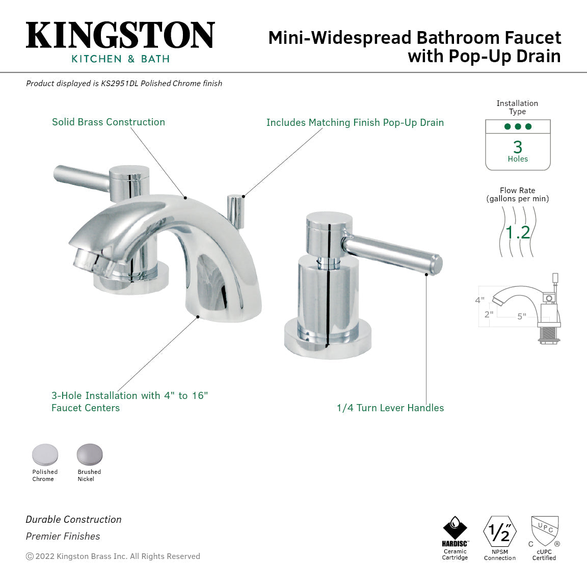 Concord KS2958DL Two-Handle 3-Hole Deck Mount Mini-Widespread Bathroom Faucet with Brass Pop-Up, Brushed Nickel