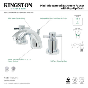Concord KS2958DX Two-Handle 3-Hole Deck Mount Mini-Widespread Bathroom Faucet with Brass Pop-Up, Brushed Nickel