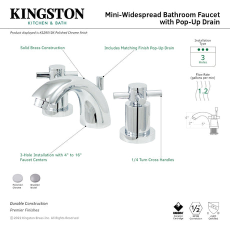 Concord KS2958DX Two-Handle 3-Hole Deck Mount Mini-Widespread Bathroom Faucet with Brass Pop-Up, Brushed Nickel