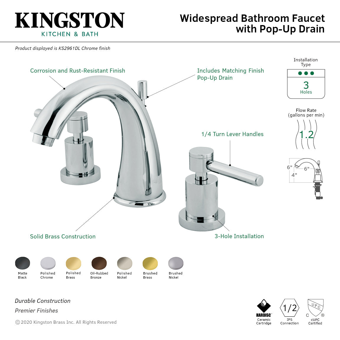 Concord KS2960DL Two-Handle 3-Hole Deck Mount Widespread Bathroom Faucet with Brass Pop-Up, Matte Black