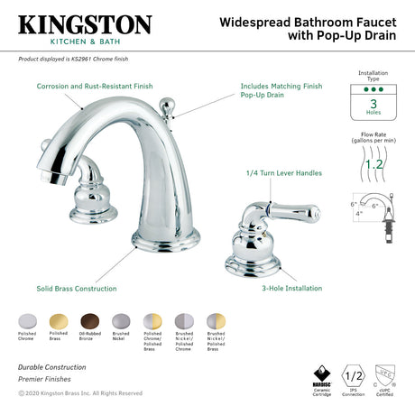 Naples KS2961 Two-Handle 3-Hole Deck Mount Widespread Bathroom Faucet with Brass Pop-Up, Polished Chrome
