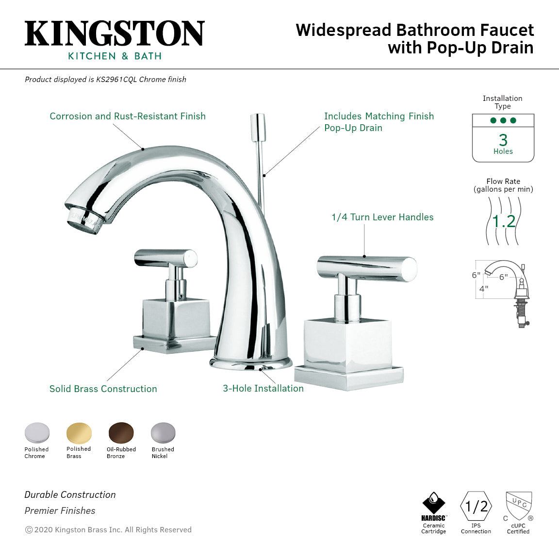 Claremont KS2961CQL Two-Handle 3-Hole Deck Mount Widespread Bathroom Faucet with Brass Pop-Up, Polished Chrome