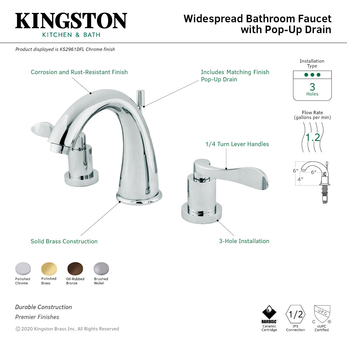 NuWave KS2962DFL Two-Handle 3-Hole Deck Mount Widespread Bathroom Faucet with Brass Pop-Up, Polished Brass
