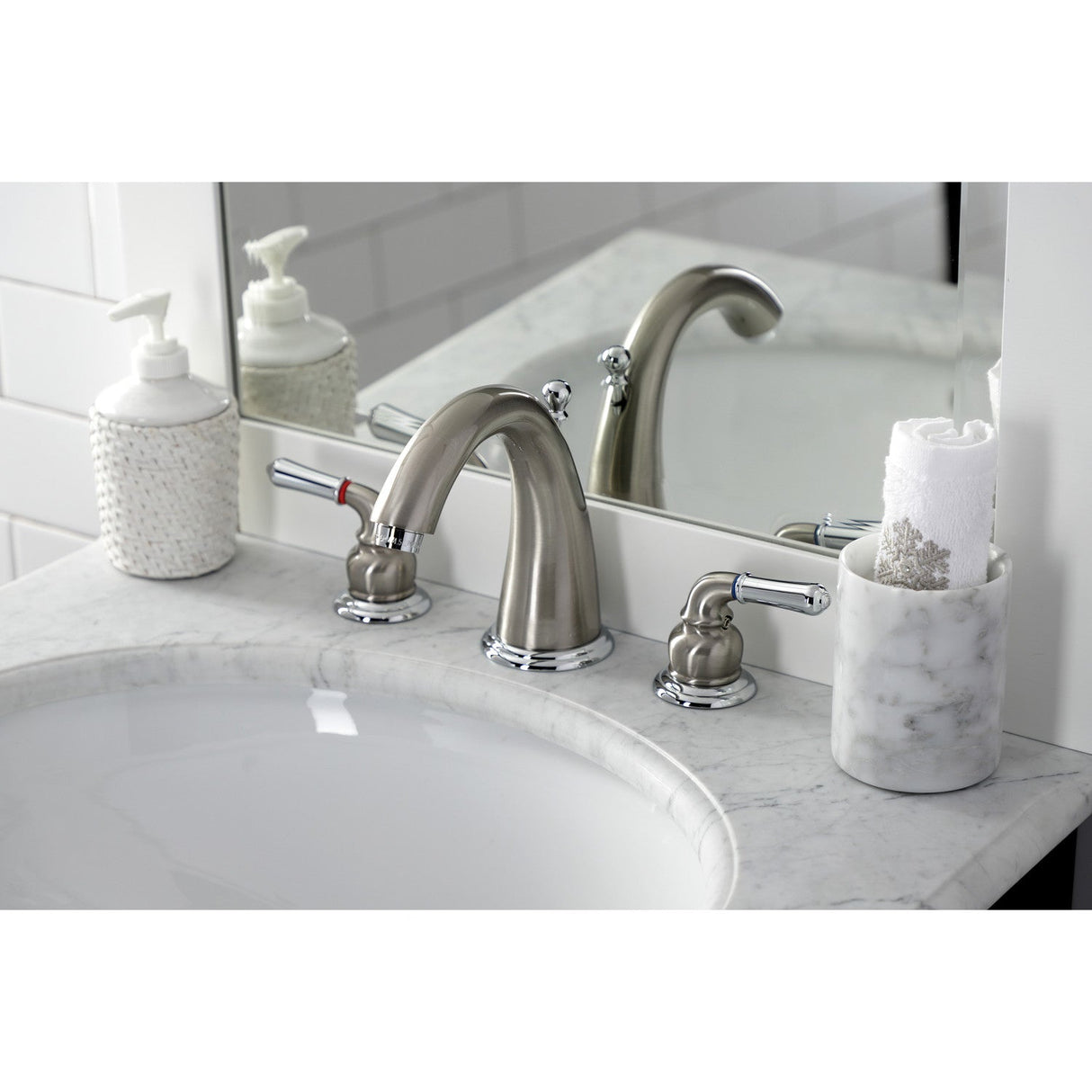 Naples KS2967 Two-Handle 3-Hole Deck Mount Widespread Bathroom Faucet with Brass Pop-Up, Brushed Nickel/Polished Chrome