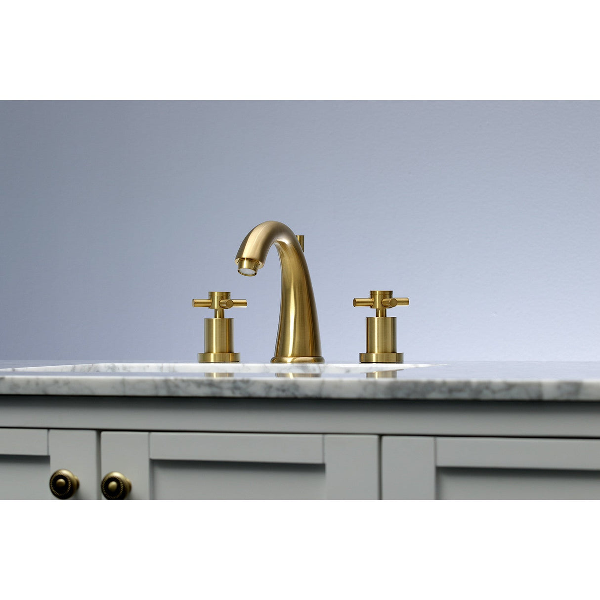 Concord KS2967DX Two-Handle 3-Hole Deck Mount Widespread Bathroom Faucet with Brass Pop-Up, Brushed Brass
