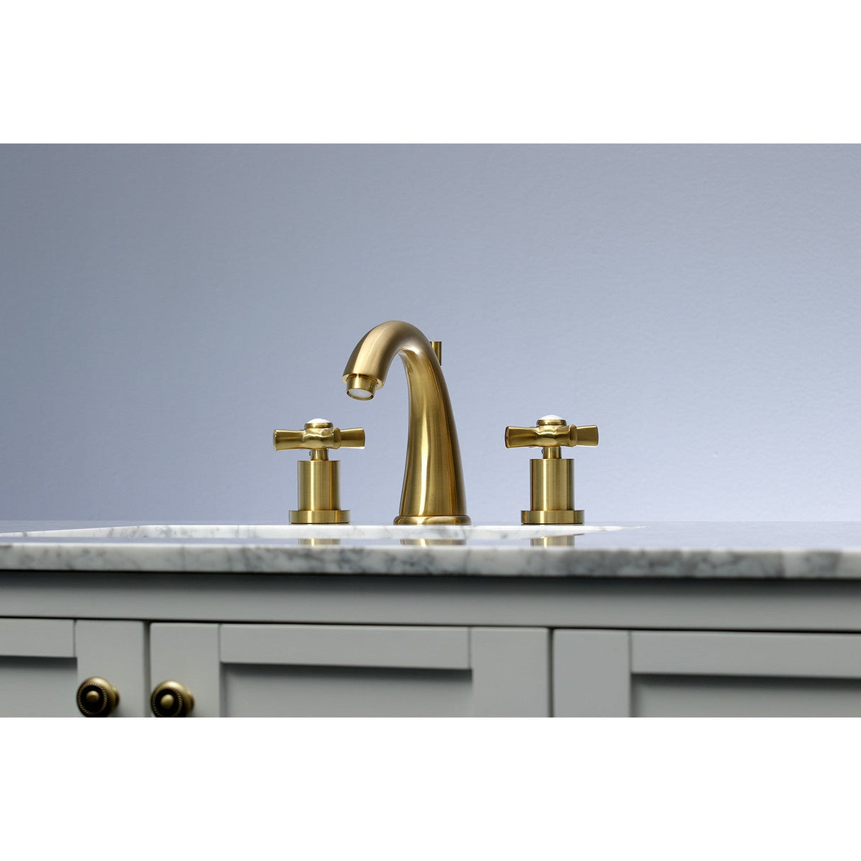 Millennium KS2967ZX Two-Handle 3-Hole Deck Mount Widespread Bathroom Faucet with Brass Pop-Up, Brushed Brass