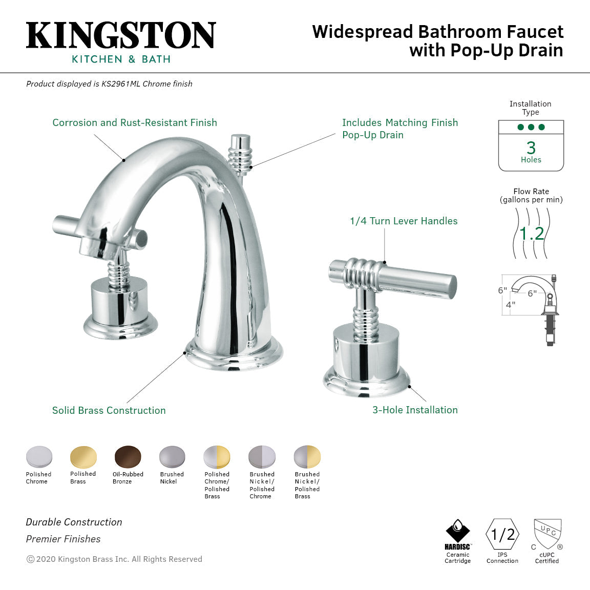 Milano KS2968ML Two-Handle 3-Hole Deck Mount Widespread Bathroom Faucet with Brass Pop-Up, Brushed Nickel