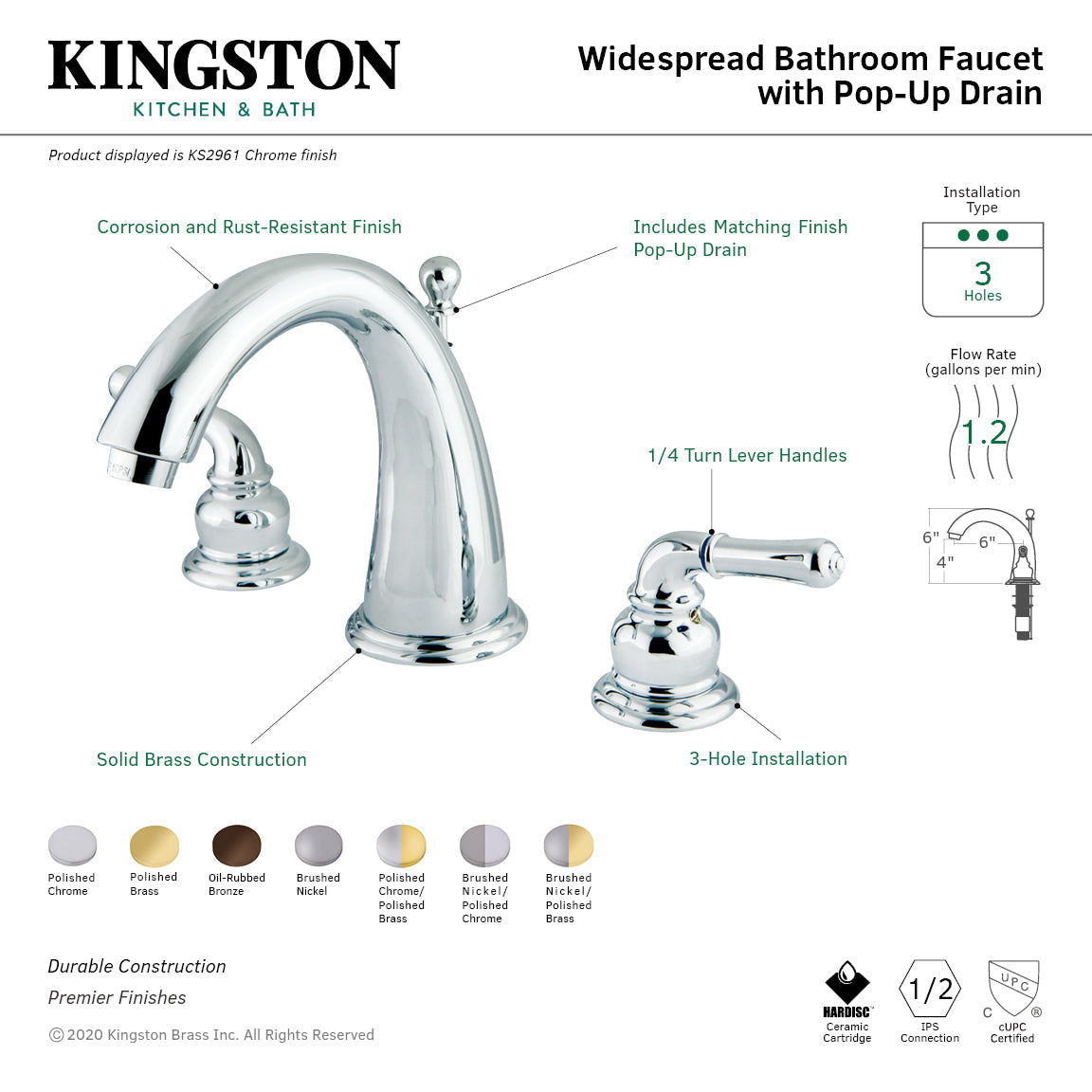 Naples KS2969 Two-Handle 3-Hole Deck Mount Widespread Bathroom Faucet with Brass Pop-Up, Brushed Nickel/Polished Brass