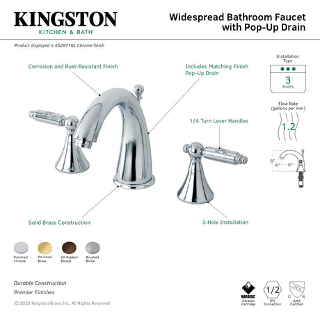 Elinvar KS2971GL Two-Handle 3-Hole Deck Mount Widespread Bathroom Faucet with Brass Pop-Up, Polished Chrome