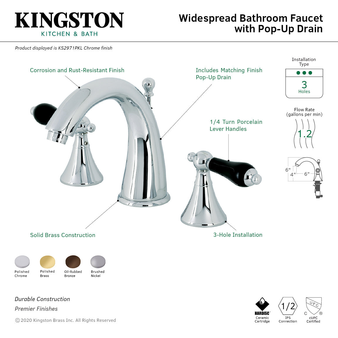 Duchess KS2971PKL Two-Handle Deck Mount Widespread Bathroom Faucet with Brass Pop-Up, Polished Chrome