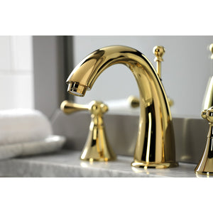 English Country KS2972BL Two-Handle 3-Hole Deck Mount Widespread Bathroom Faucet with Brass Pop-Up, Polished Brass
