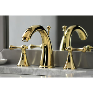 English Country KS2972BL Two-Handle 3-Hole Deck Mount Widespread Bathroom Faucet with Brass Pop-Up, Polished Brass