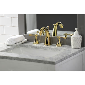 English Country KS2972BL Two-Handle 3-Hole Deck Mount Widespread Bathroom Faucet with Brass Pop-Up, Polished Brass