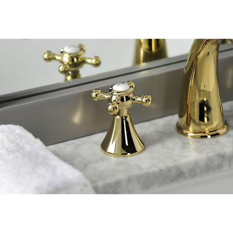 English Country KS2972BX Two-Handle 3-Hole Deck Mount Widespread Bathroom Faucet with Brass Pop-Up, Polished Brass