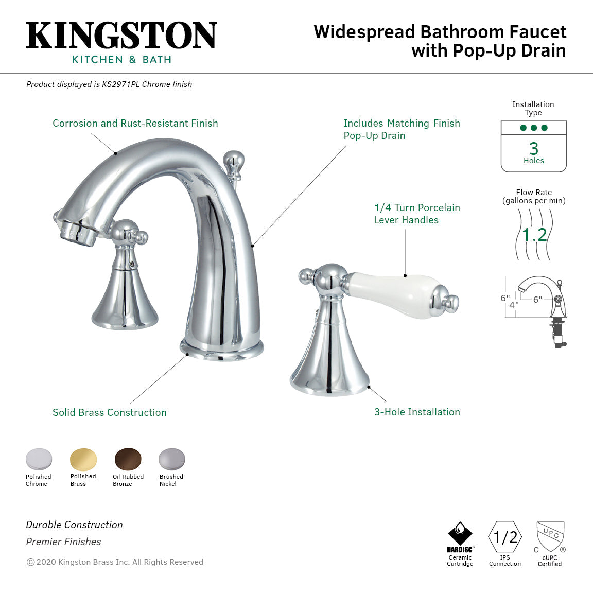 Naples KS2972PL Two-Handle 3-Hole Deck Mount Widespread Bathroom Faucet with Brass Pop-Up, Polished Brass