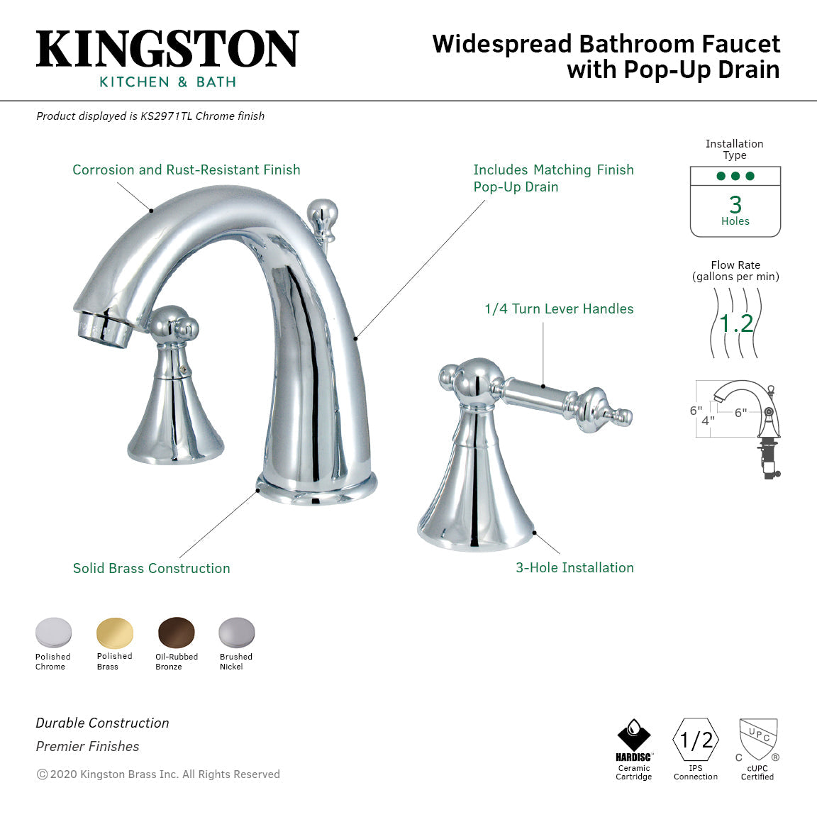 Templeton KS2972TL Two-Handle 3-Hole Deck Mount Widespread Bathroom Faucet with Brass Pop-Up, Polished Brass