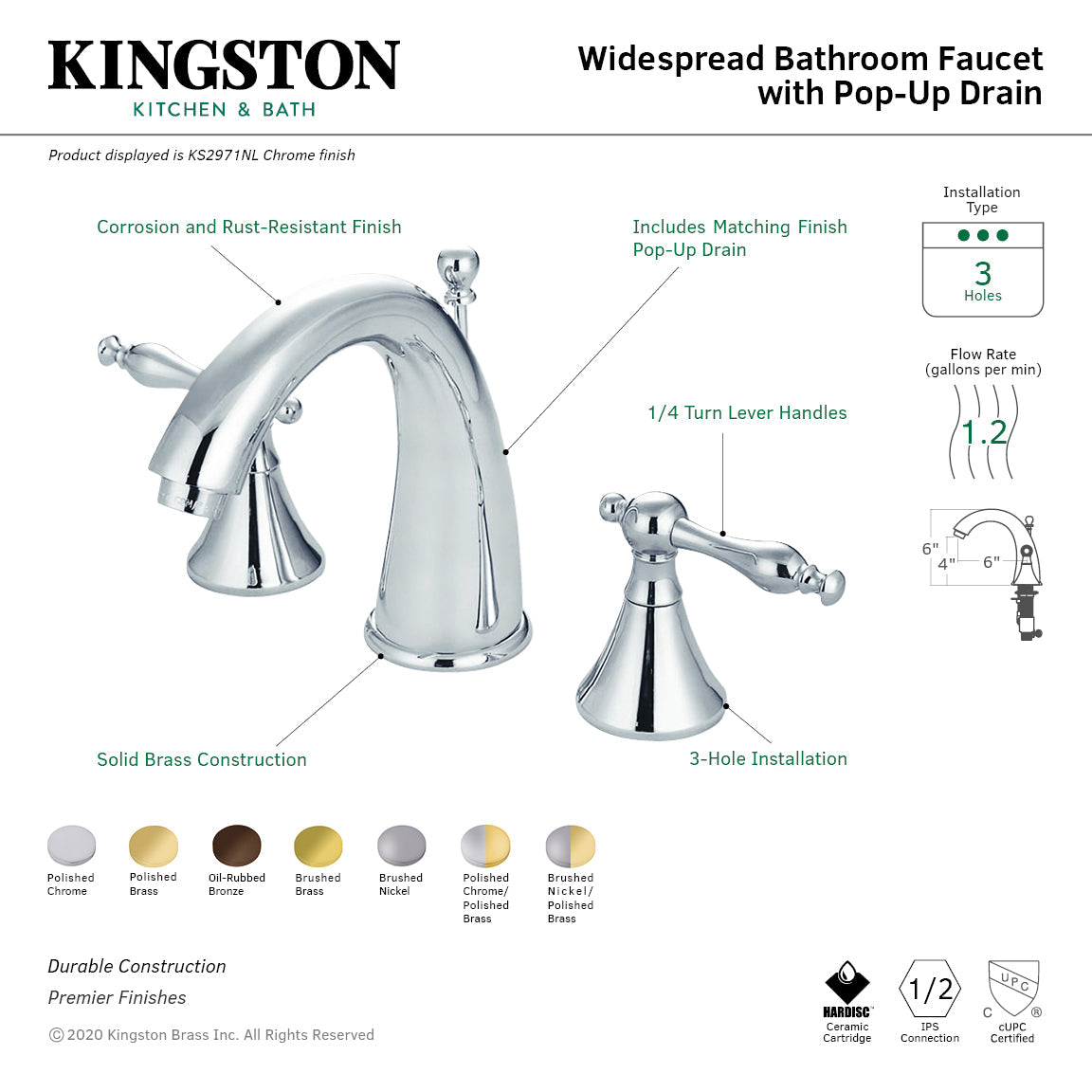 Naples KS2974NL Two-Handle 3-Hole Deck Mount Widespread Bathroom Faucet with Brass Pop-Up, Polished Chrome/Polished Brass