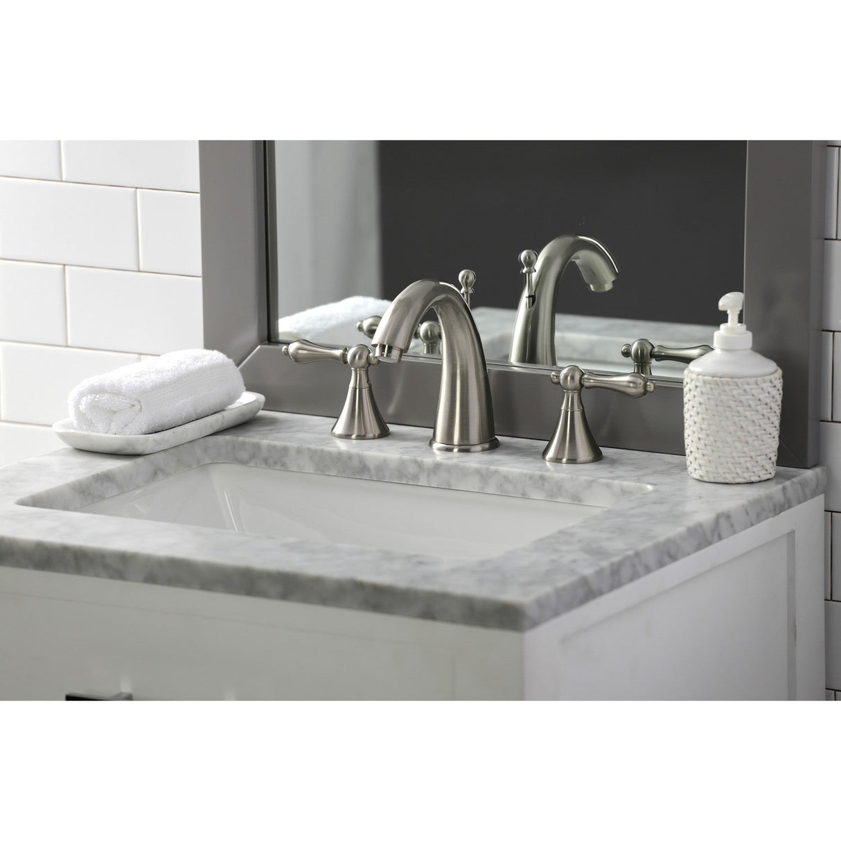 Naples KS2978AL Two-Handle 3-Hole Deck Mount Widespread Bathroom Faucet with Brass Pop-Up, Brushed Nickel