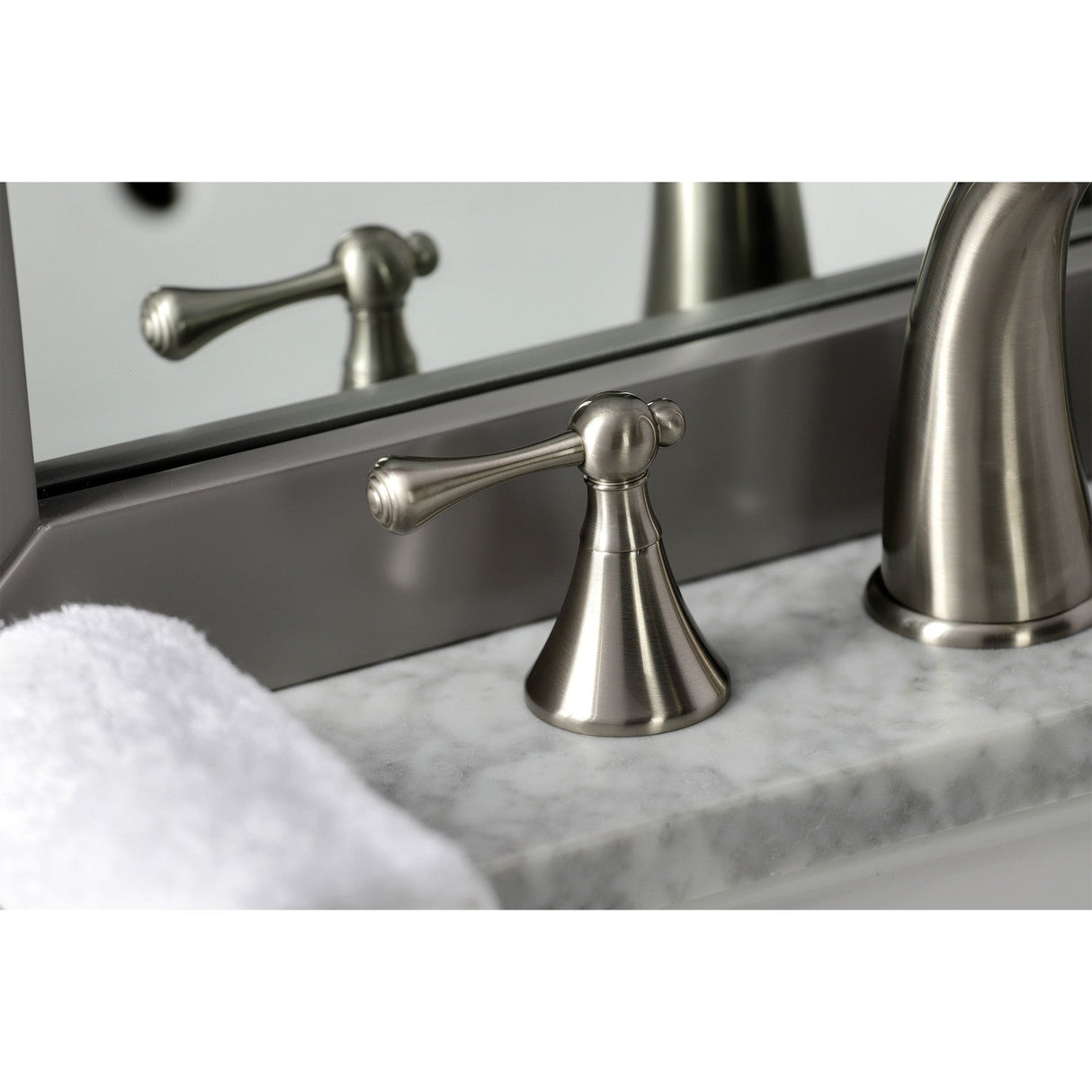 English Country KS2978BL Two-Handle 3-Hole Deck Mount Widespread Bathroom Faucet with Brass Pop-Up, Brushed Nickel