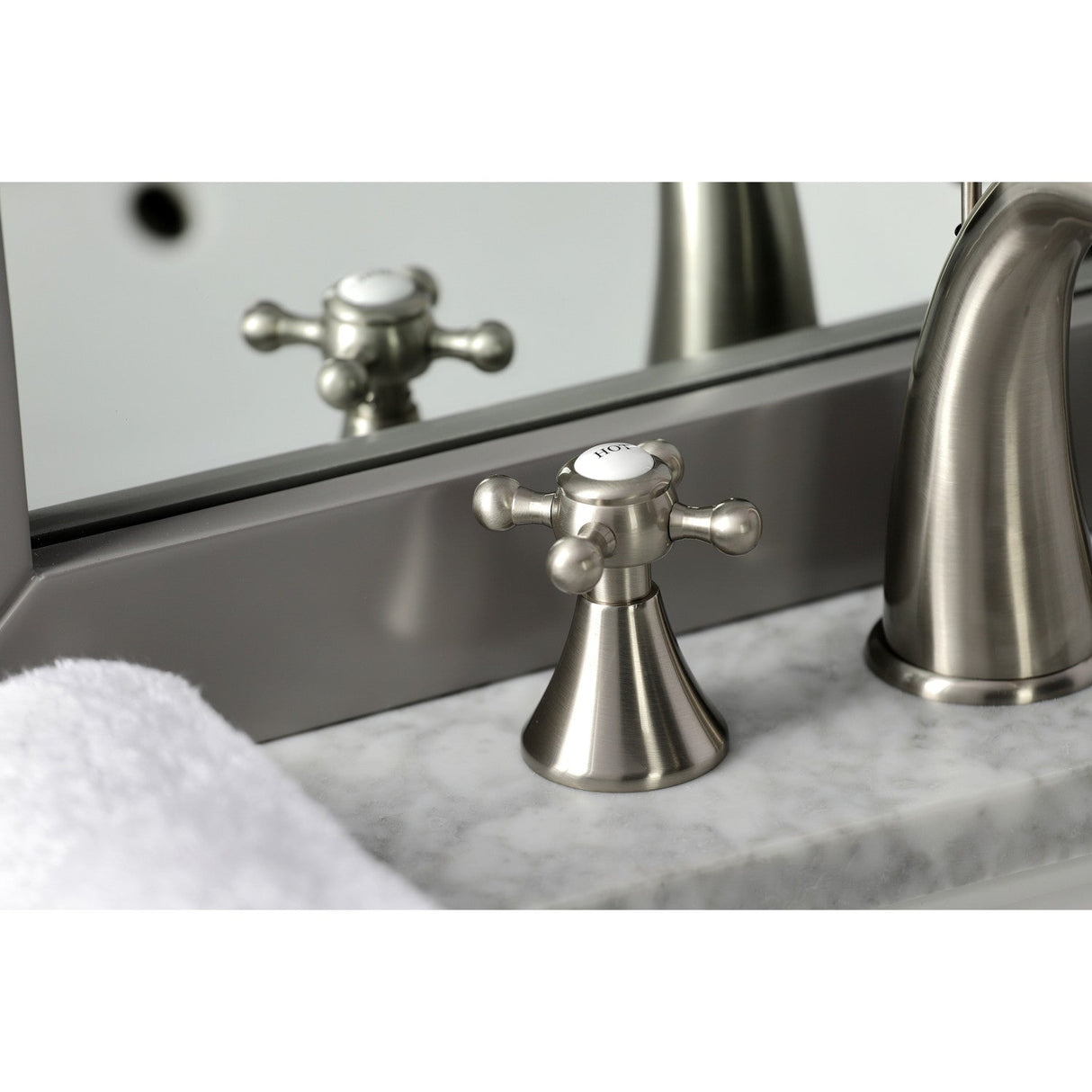 English Country KS2978BX Two-Handle 3-Hole Deck Mount Widespread Bathroom Faucet with Brass Pop-Up, Brushed Nickel