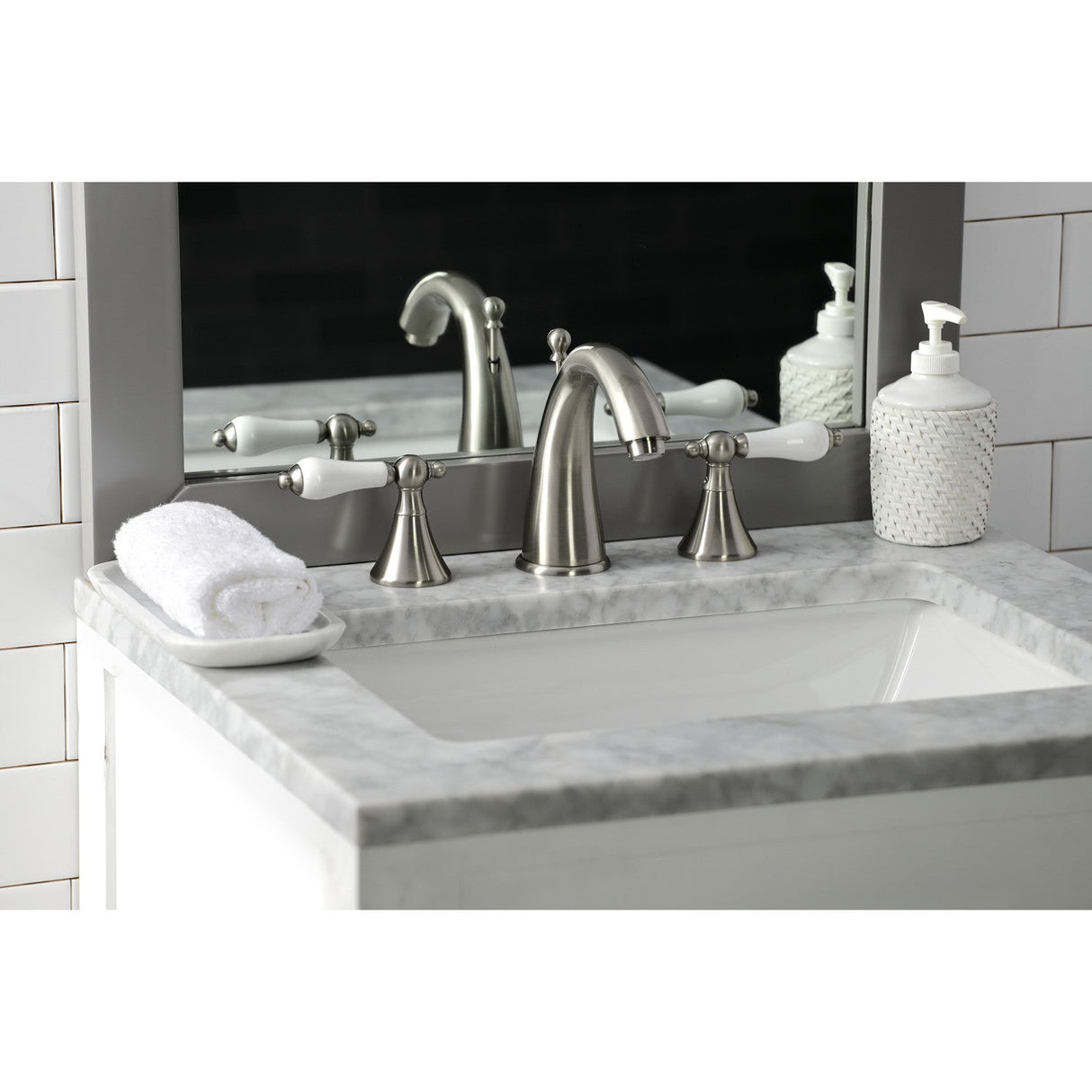 Naples KS2978PL Two-Handle 3-Hole Deck Mount Widespread Bathroom Faucet with Brass Pop-Up, Brushed Nickel