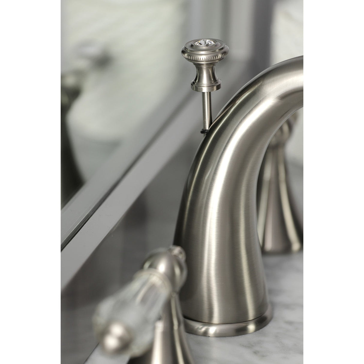 Wilshire KS2978WLL Two-Handle 3-Hole Deck Mount Widespread Bathroom Faucet with Brass Pop-Up, Brushed Nickel