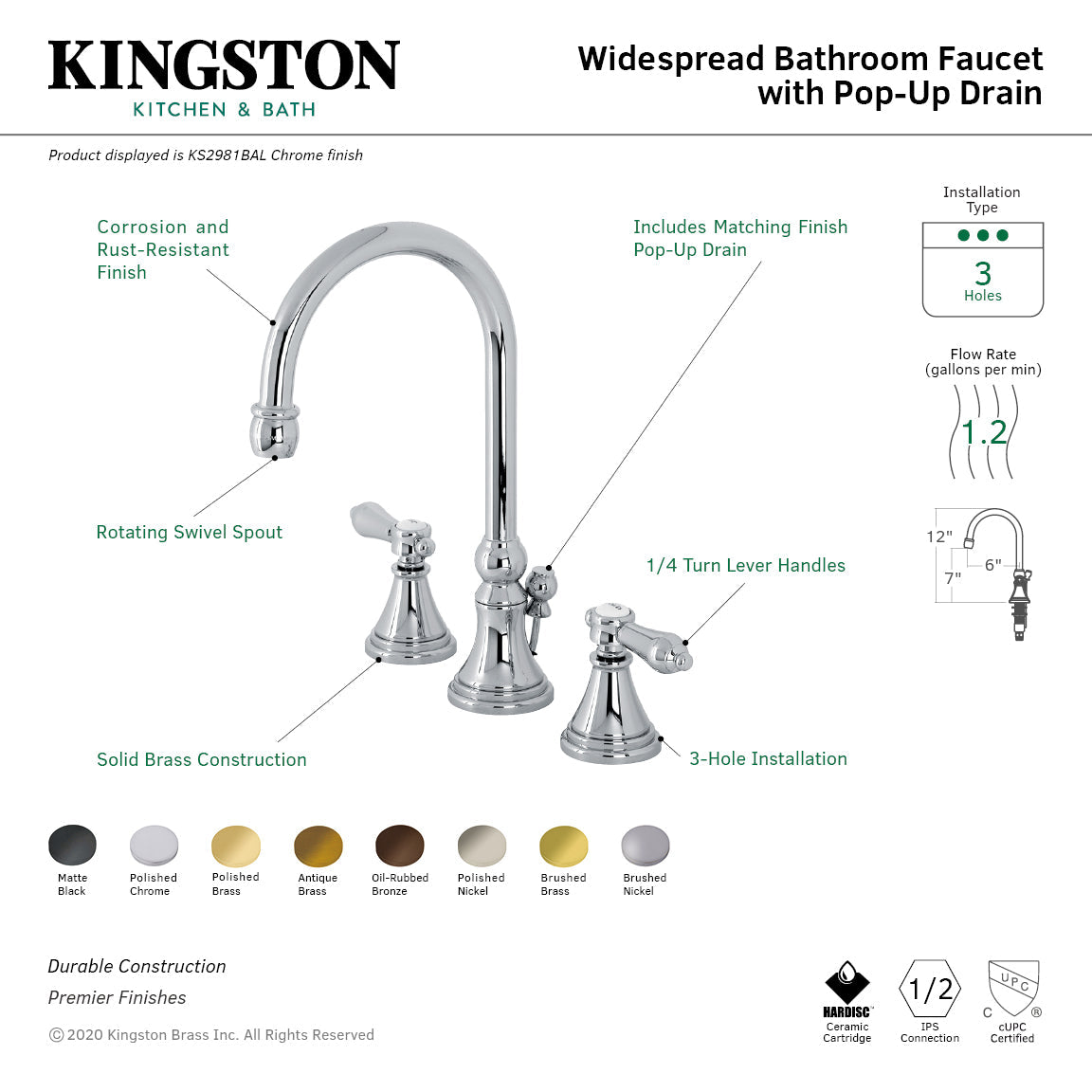 Heirloom KS2980BAL Two-Handle 3-Hole Deck Mount Widespread Bathroom Faucet with Brass Pop-Up, Matte Black