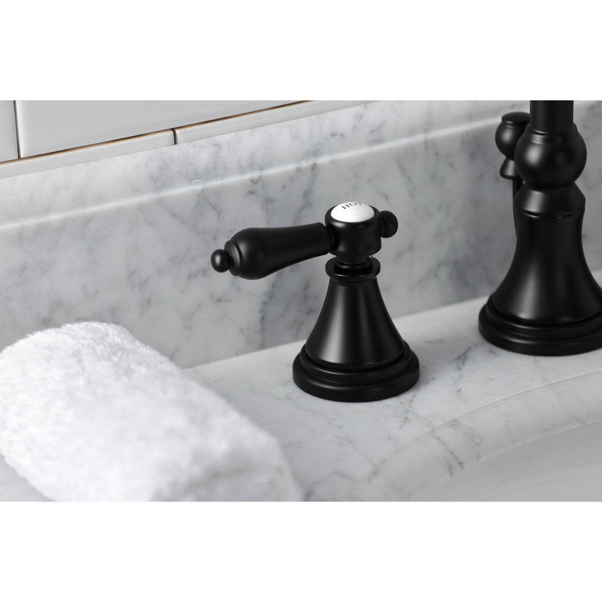 Heirloom KS2980BAL Two-Handle 3-Hole Deck Mount Widespread Bathroom Faucet with Brass Pop-Up, Matte Black