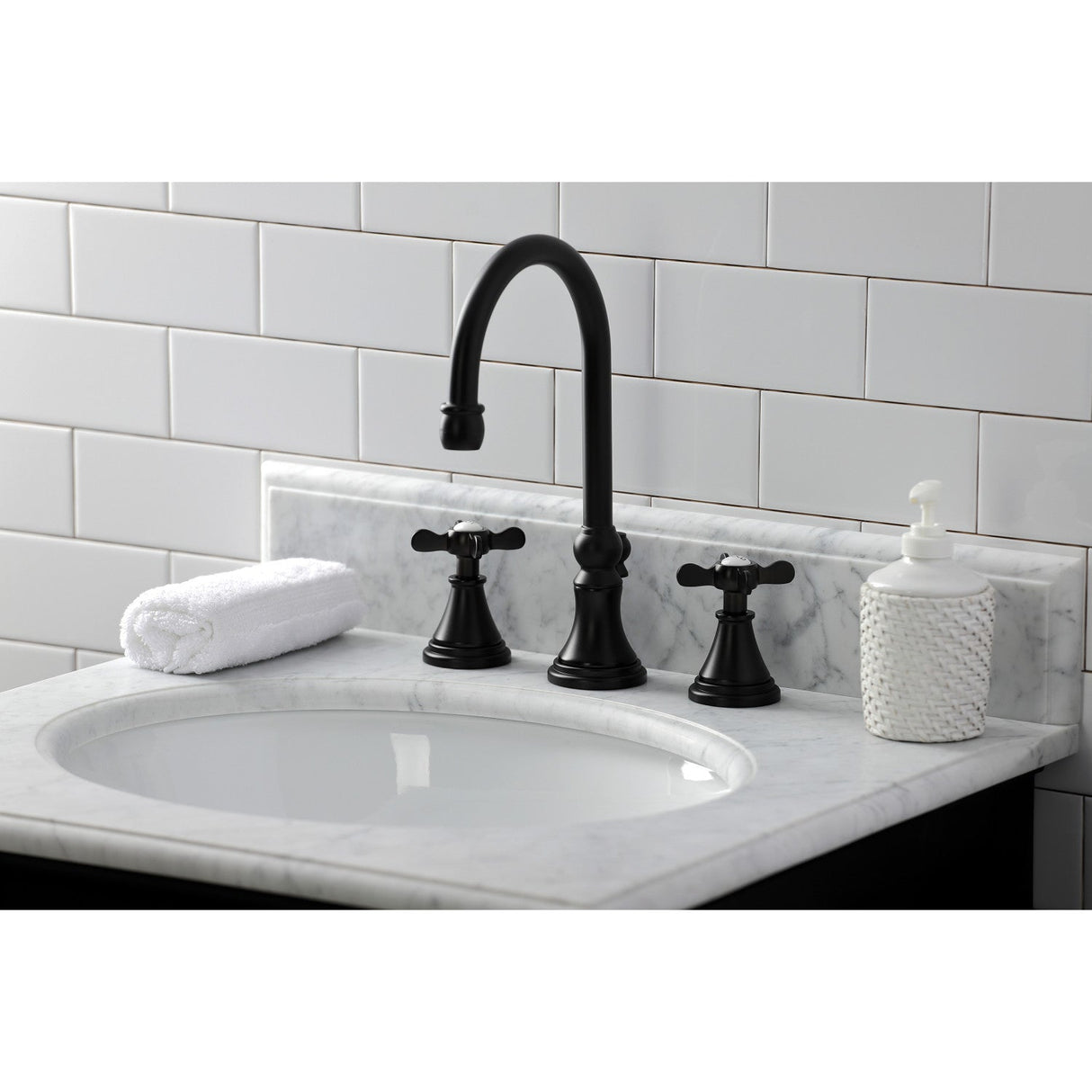 Essex KS2980BEX Two-Handle 3-Hole Deck Mount Widespread Bathroom Faucet with Brass Pop-Up, Matte Black