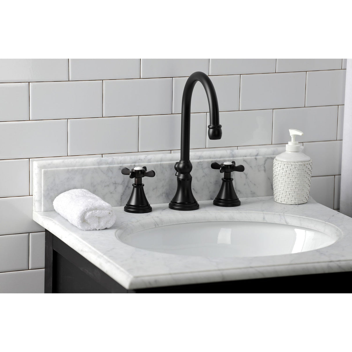 Essex KS2980BEX Two-Handle 3-Hole Deck Mount Widespread Bathroom Faucet with Brass Pop-Up, Matte Black