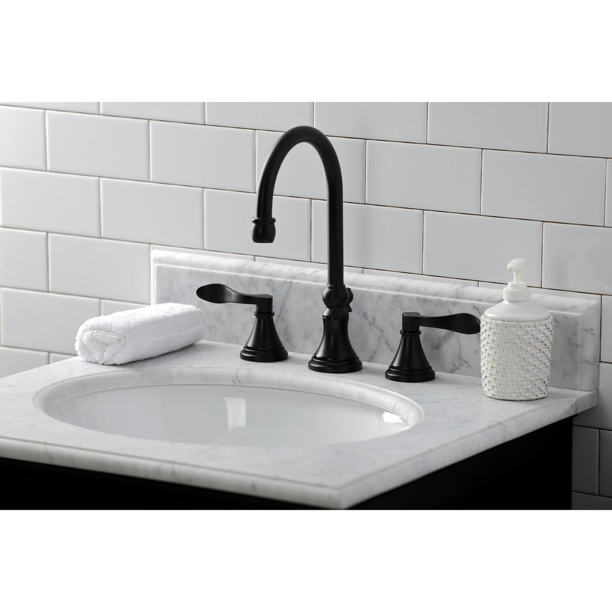 NuFrench KS2980DFL Two-Handle 3-Hole Deck Mount Widespread Bathroom Faucet with Brass Pop-Up, Matte Black