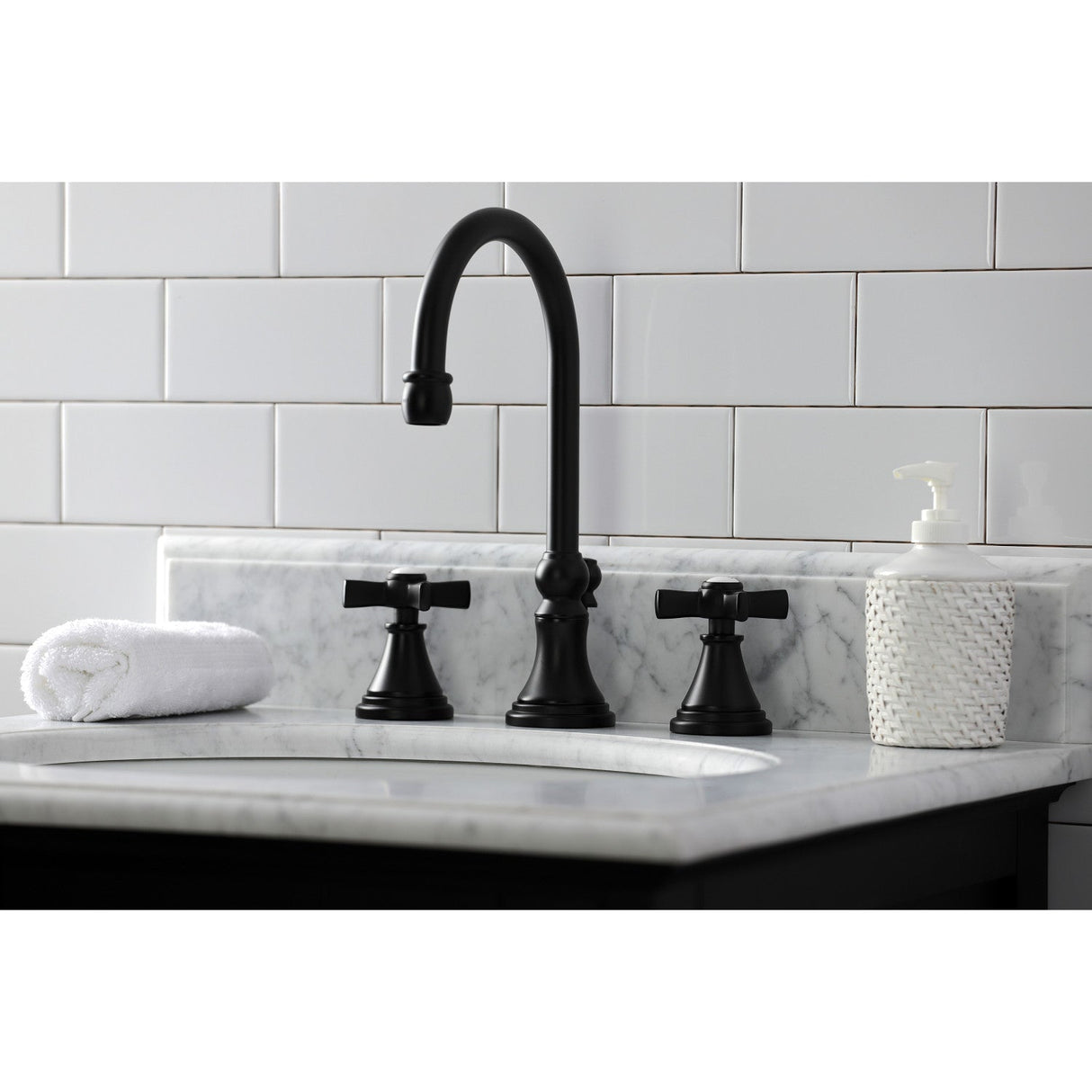 Millennium KS2980ZX Two-Handle 3-Hole Deck Mount Widespread Bathroom Faucet with Brass Pop-Up, Matte Black