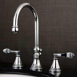 NuFrench KS2981DFL Two-Handle 3-Hole Deck Mount Widespread Bathroom Faucet with Brass Pop-Up, Polished Chrome