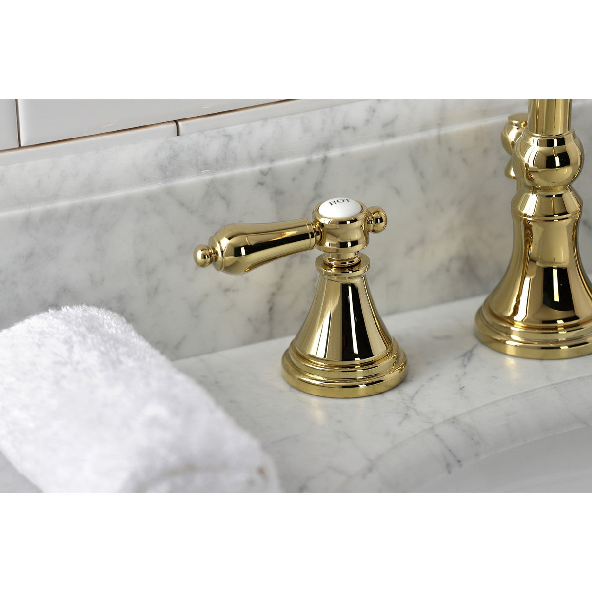 Heirloom KS2982BAL Two-Handle 3-Hole Deck Mount Widespread Bathroom Faucet with Brass Pop-Up, Polished Brass